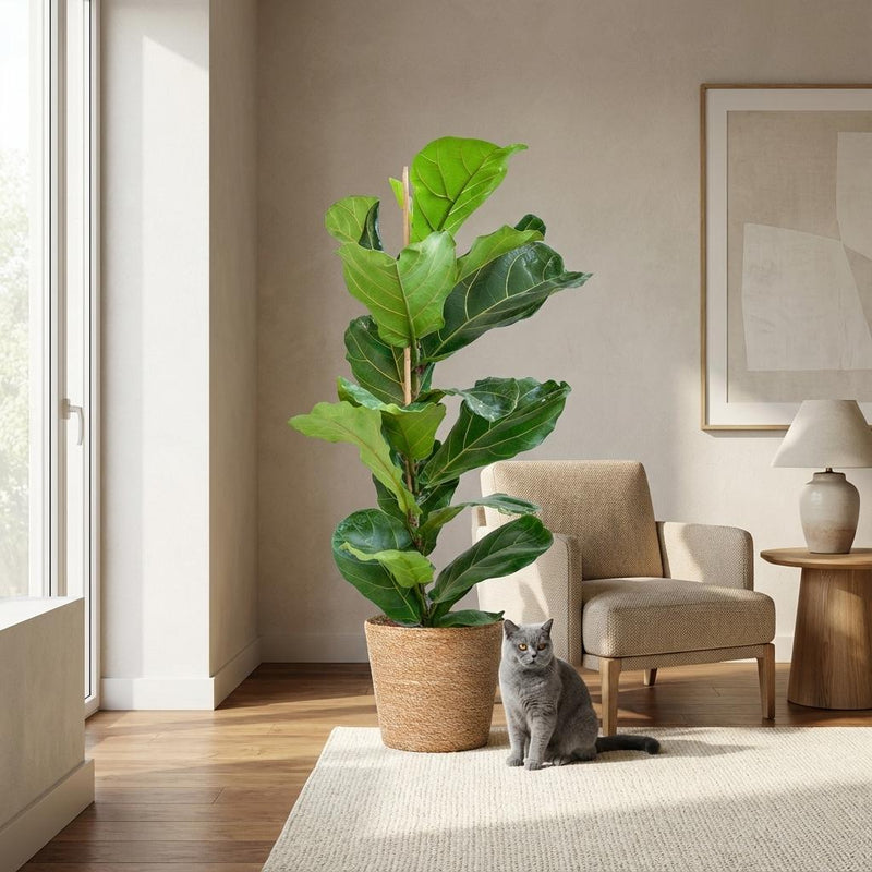 Green boutiQ - Kamerplant - Vioolbladplant - Ficus Lyrata - Groen - Weinig onderhoud - 1 Plant - met Mand - Pot 21cm - Hoogte 75 - 85cm