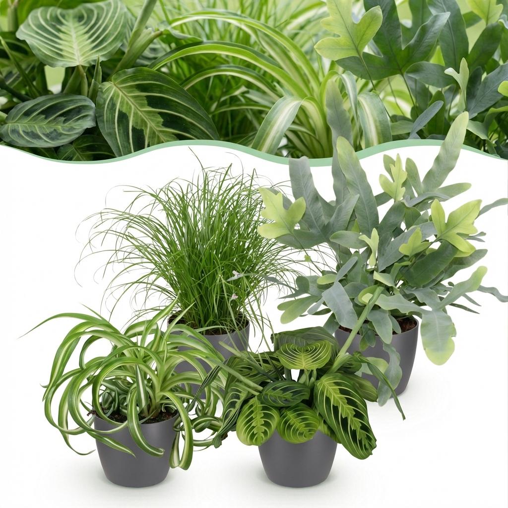 Green boutiQ - Zimmerpflanze - Chlorophytum - Cyperus - Phlebodium - Marantha - 4er-Set - Haustierfreundliche Pflanzen - Grün - 4 Pflanzen - mit grauem Topf - Topf 12cm - Höhe 25cm