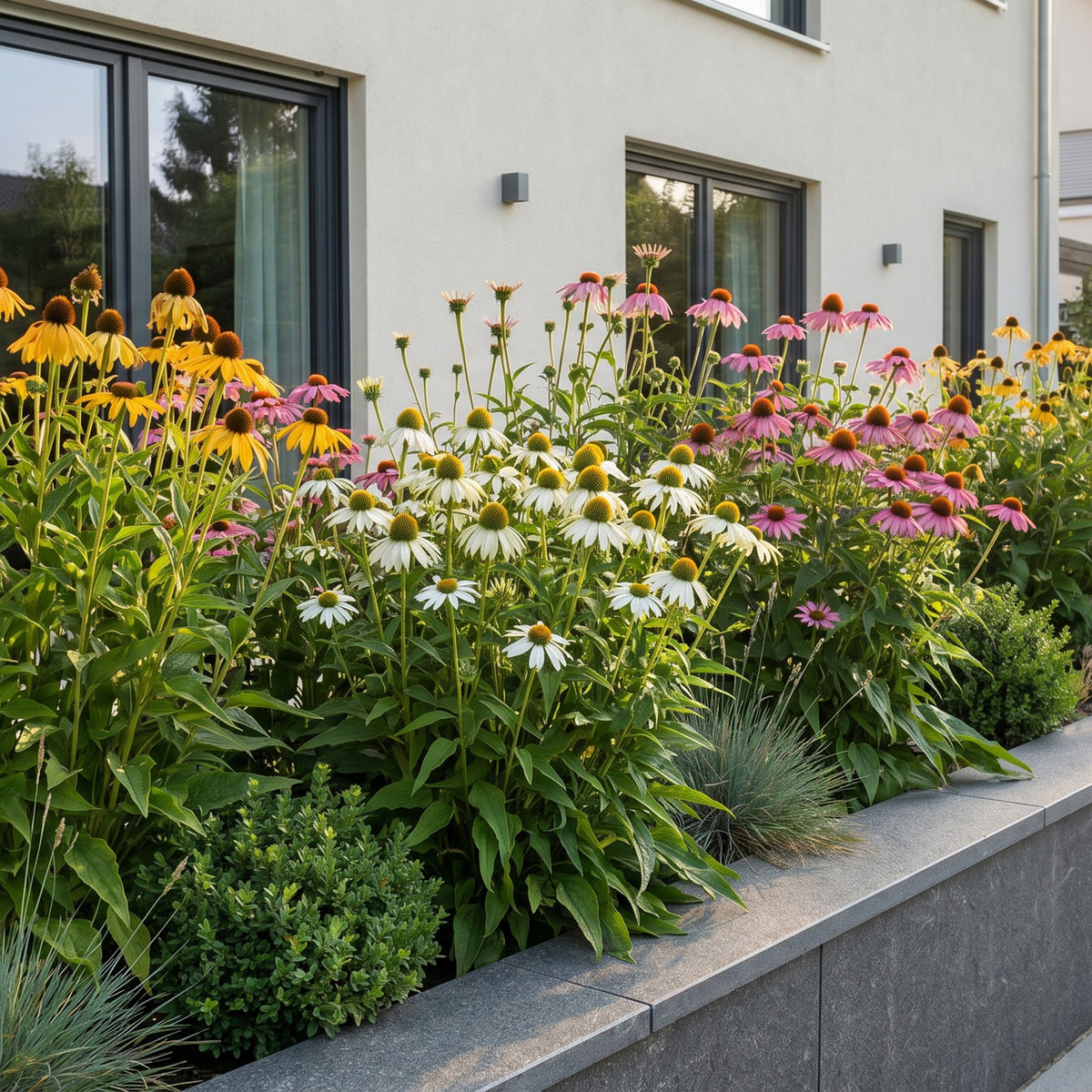 Green boutiQ - Stauden - Echinacea Tricolour - Sonnenhut - Bienen- und Schmetterlingsmagnet - Gelb - Rosa - Weiß - 12 Pflanzen - Topf 11cm - Höhe 15-25cm