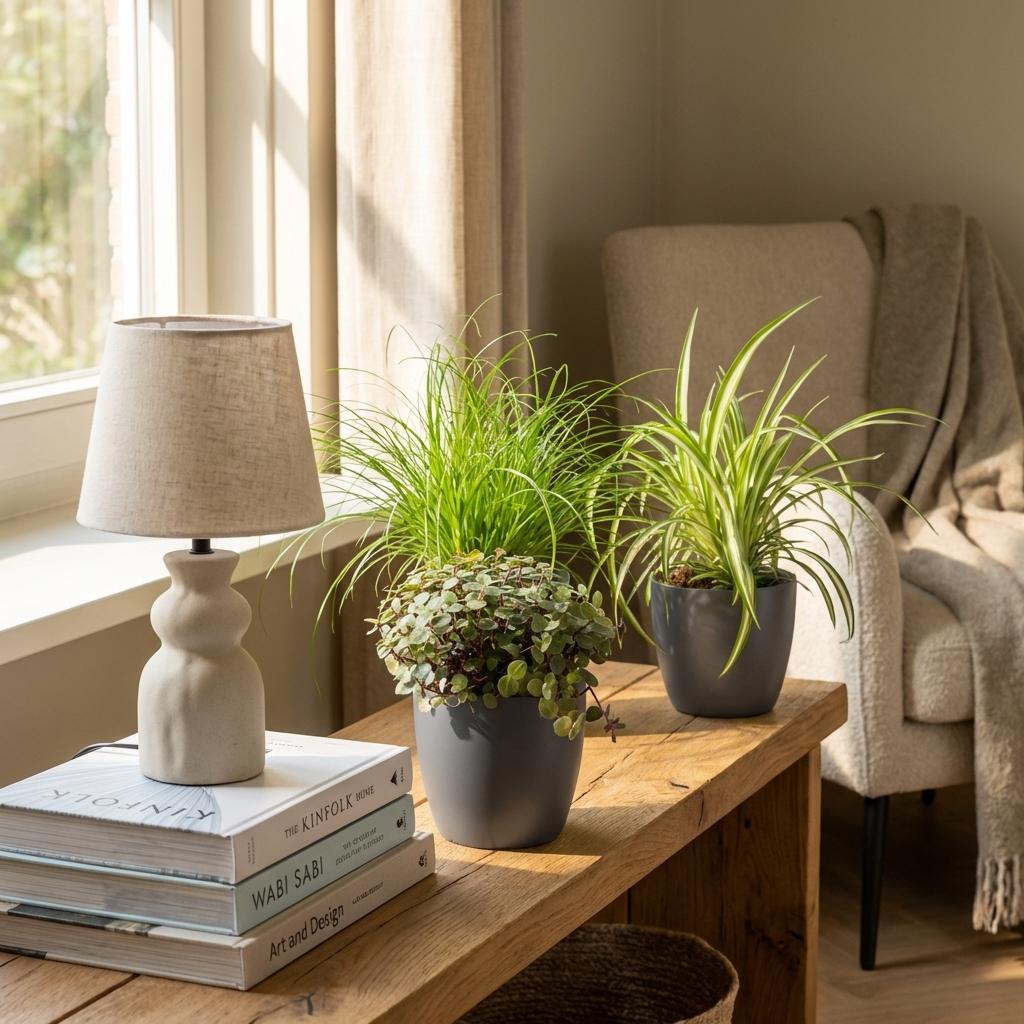 Green boutiQ - Plante d'intérieur - Cyperus - Calissia - Chlorophytum - Mix de 3 - Plantes Amies des Animaux - Vert - 3 Plantes - avec Pot Gris - Pot 12cm - Hauteur 20cm