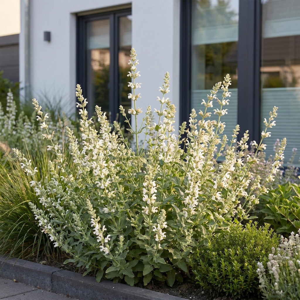 Green boutiQ - Plante vivace - Nepeta faassenii Snowflake - Herbe aux chats - Attire les abeilles et les papillons - Blanc - 6 plantes - Pot 11cm - Hauteur 15-25cm