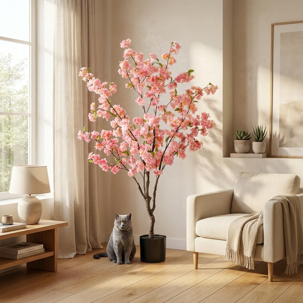 Plante artificielle - Prunus - Cerisier en fleurs - Rose - 135 cm