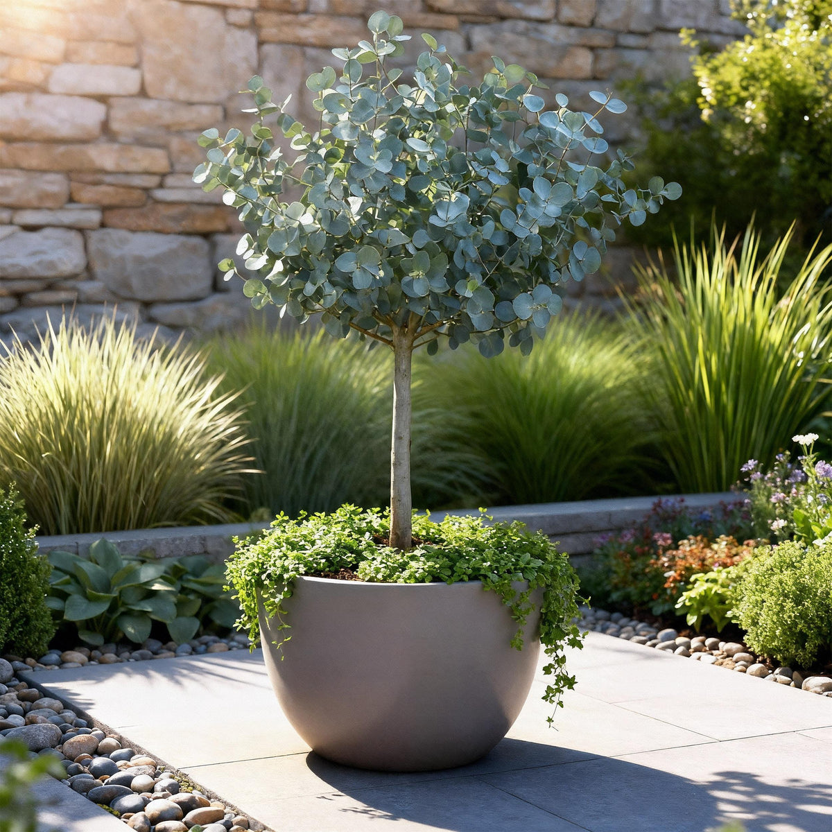 Green boutiQ - Plant op Stam- Eucalyptus gunni Azure - Terras Plant - Bladhoudend - Winterhard- Grijs Blad - Pot 19cm Hoogte 90cm