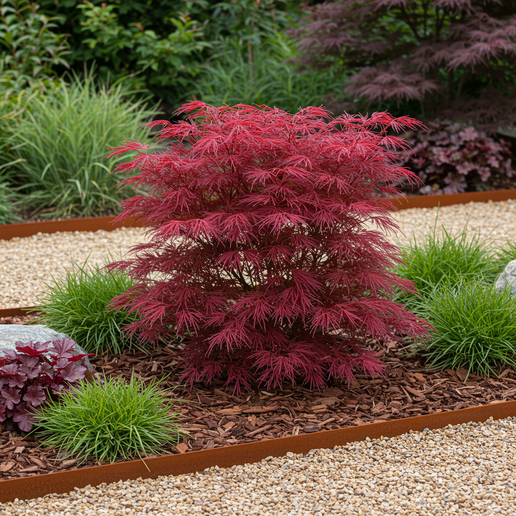 Green boutiQ - Terrasplant - Japanse Esdoorn - Acer palmatum Skeetsers Broom - Paars - 1 Plant - Bladverliezend - Pot 19cm Hoogte 70cm