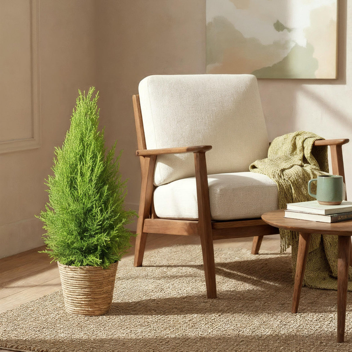 Green BoutiQ - Green is... Kamerplanten - Cupressus Gold Crest Wilma - Kamer conifeer - Weinig onderhoud - met mand - Groen - 1 Plant - Pot 21cm - Hoogte 85-95cm