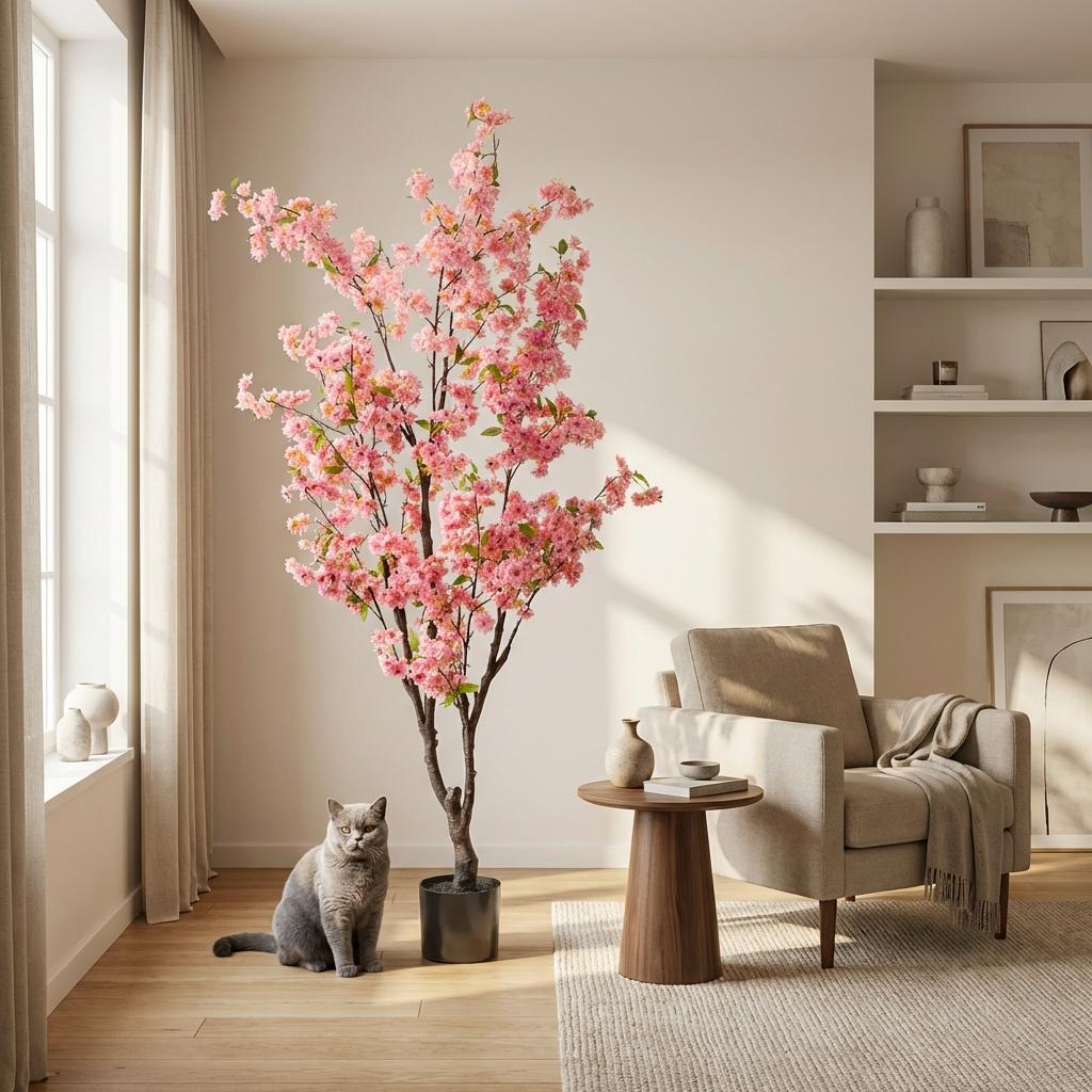 Plante artificielle - Prunus - Cerisier en fleurs - Rose - 175cm